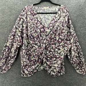 UMGEE Blouse Top Womens XL Purple Leopard Sheer V-Neck Front Twist Festival Boho